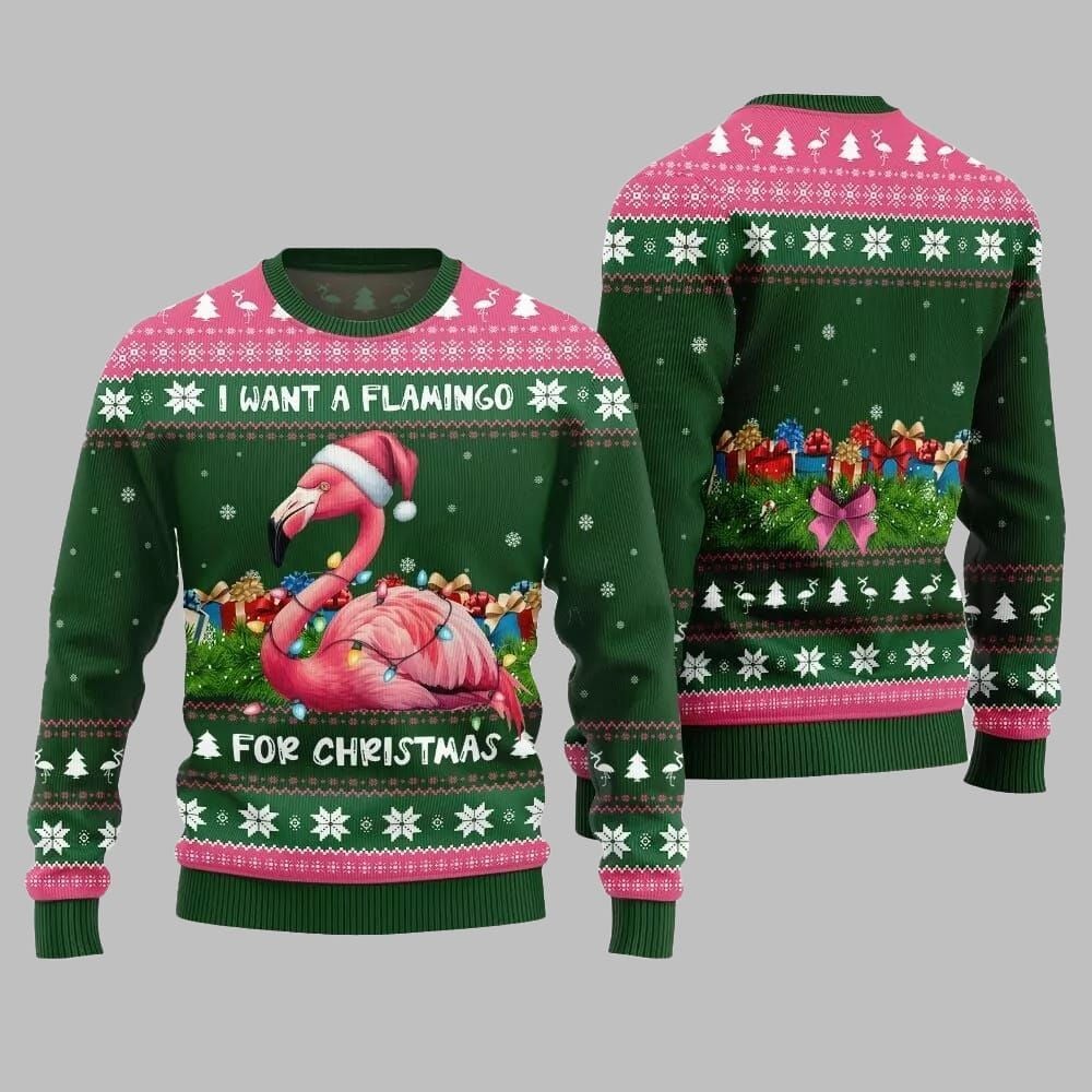 2026 Christmas I Want A Flamingo For Christmas Ugly Christmas Sweater - Moonbestprint