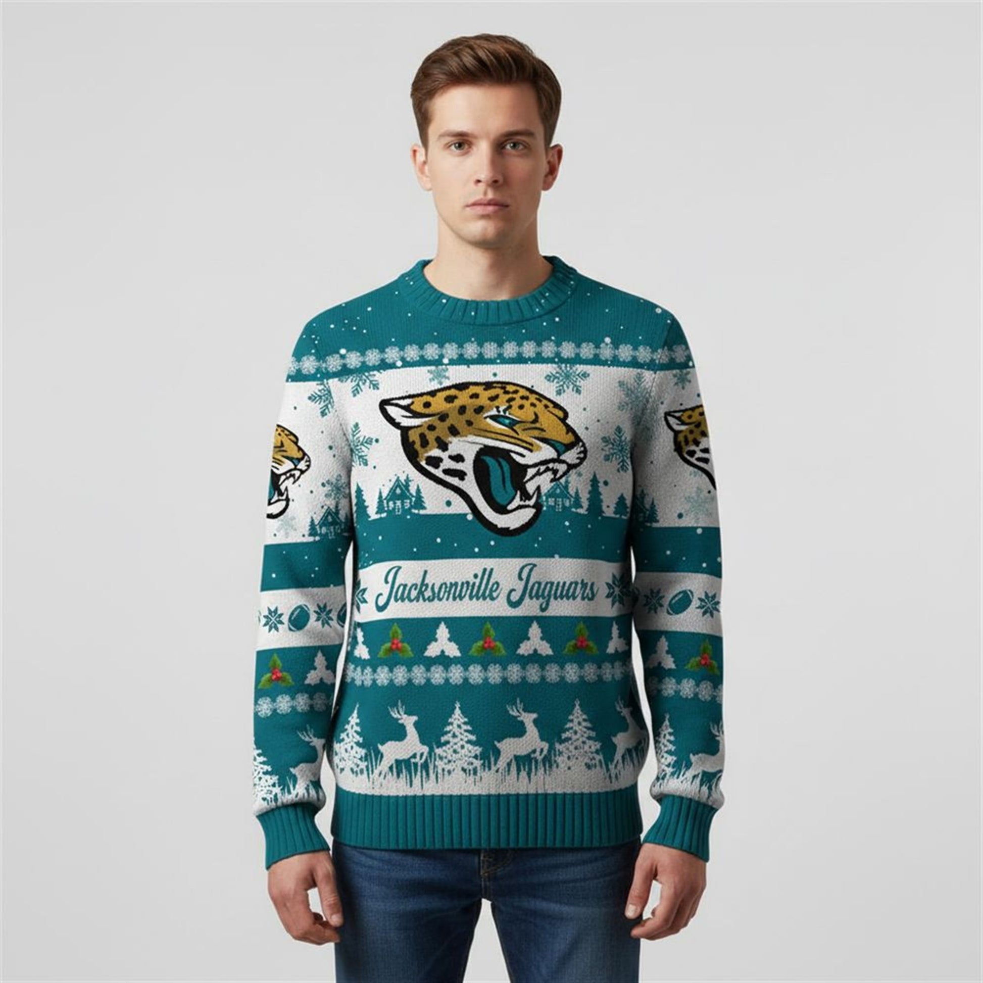 2026 Christmas Jaguars Festive Reindeer Tree Ugly Sweater - Moonbestprint
