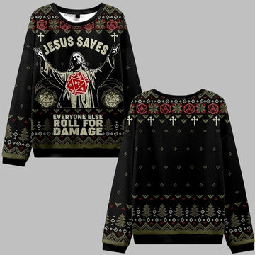 2026 Christmas Jesus Saves Everyone Else Roll for Damage Ugly Christmas Sweater - Moonbestprint