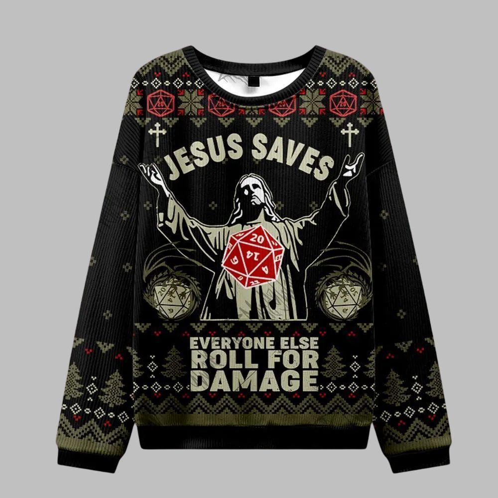 2026 Christmas Jesus Saves Everyone Else Roll for Damage Ugly Christmas Sweater - Moonbestprint
