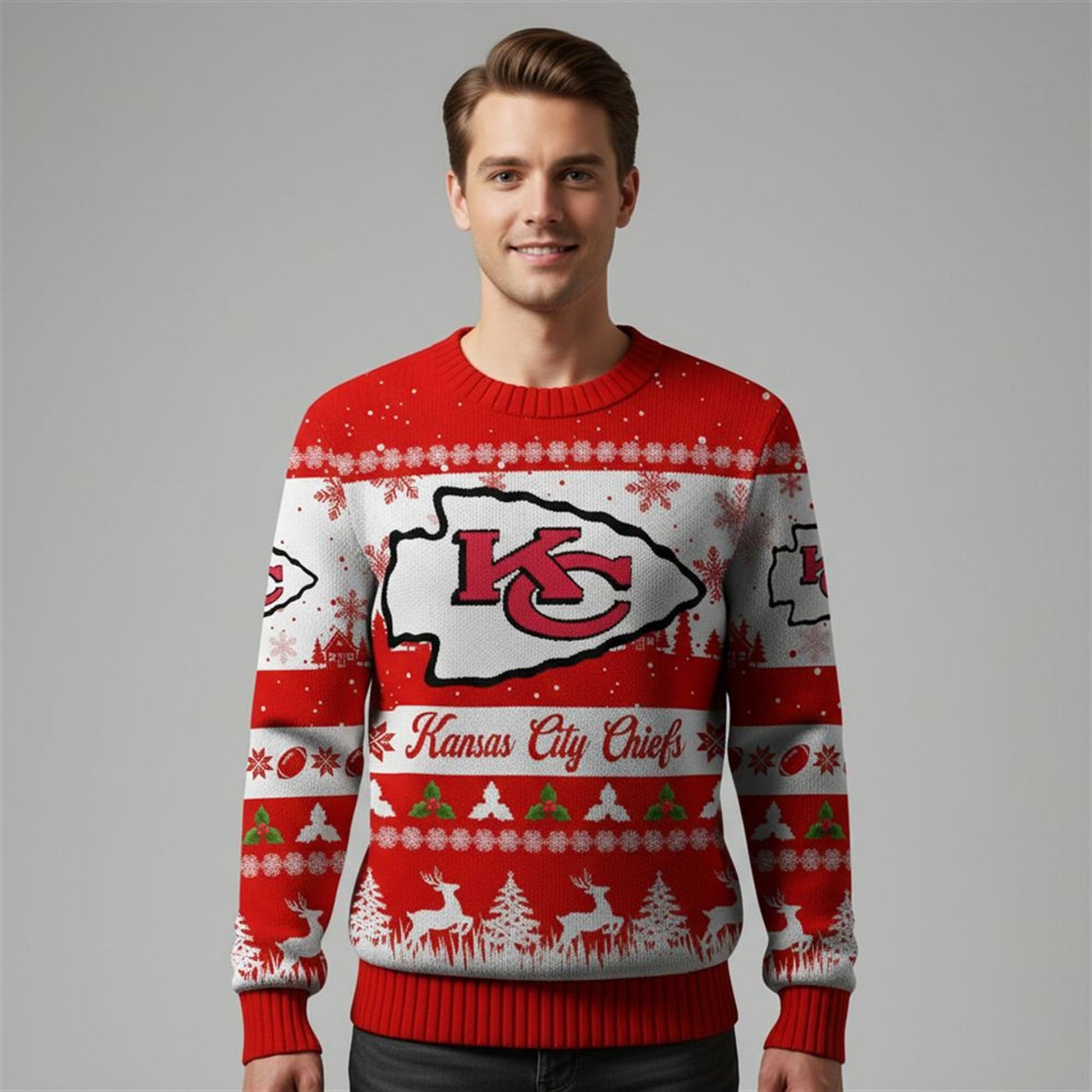2026 Christmas KC Chiefs Festive Reindeer Tree Ugly Sweater - Moonbestprint