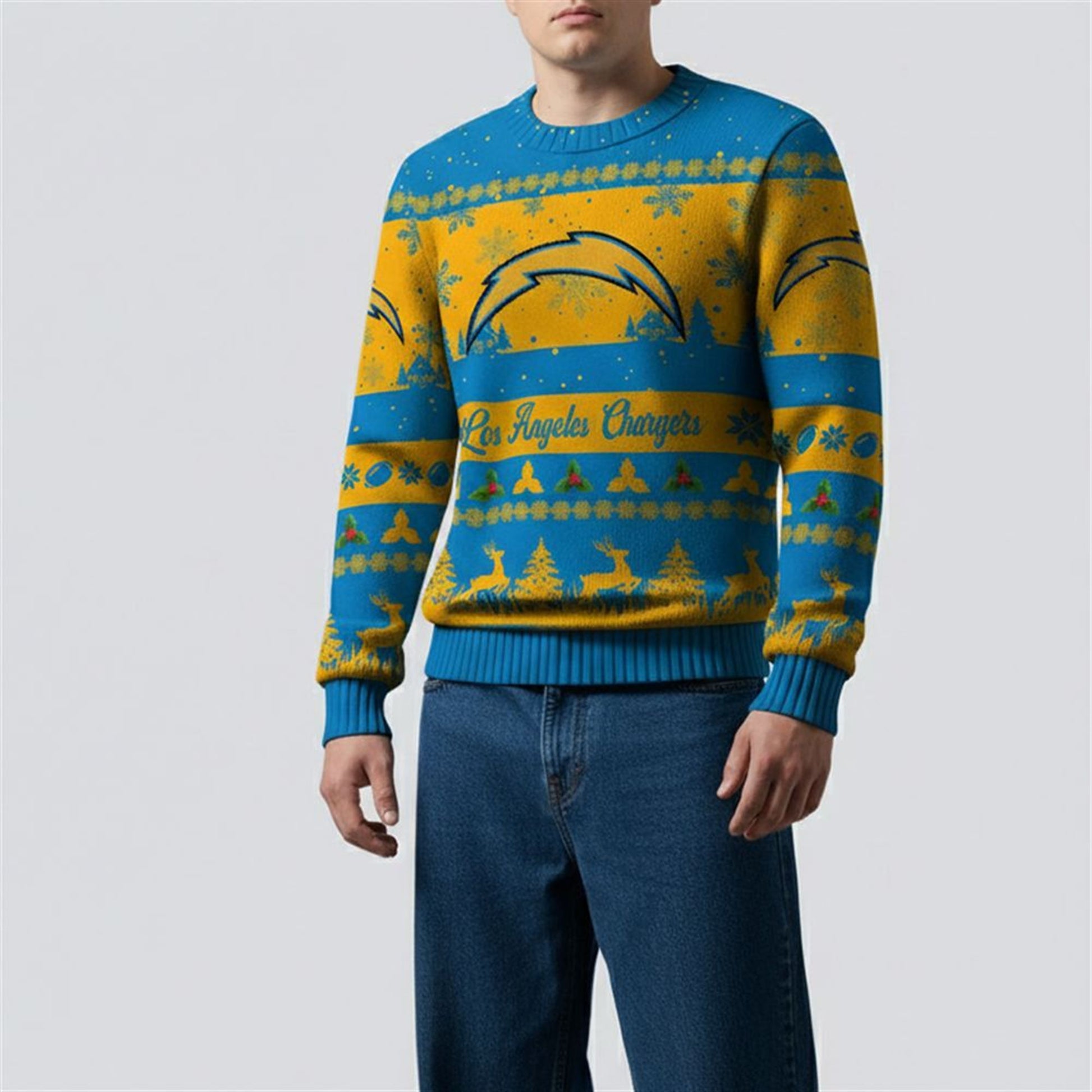 2026 Christmas LA Chargers Festive Reindeer Tree Ugly Sweater - Moonbestprint
