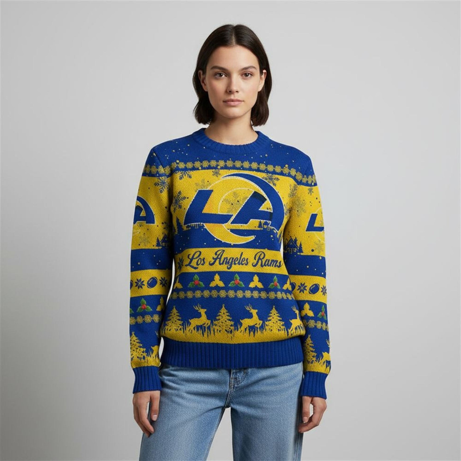 2026 Christmas LA Rams Festive Reindeer Tree Ugly Sweater - Moonbestprint