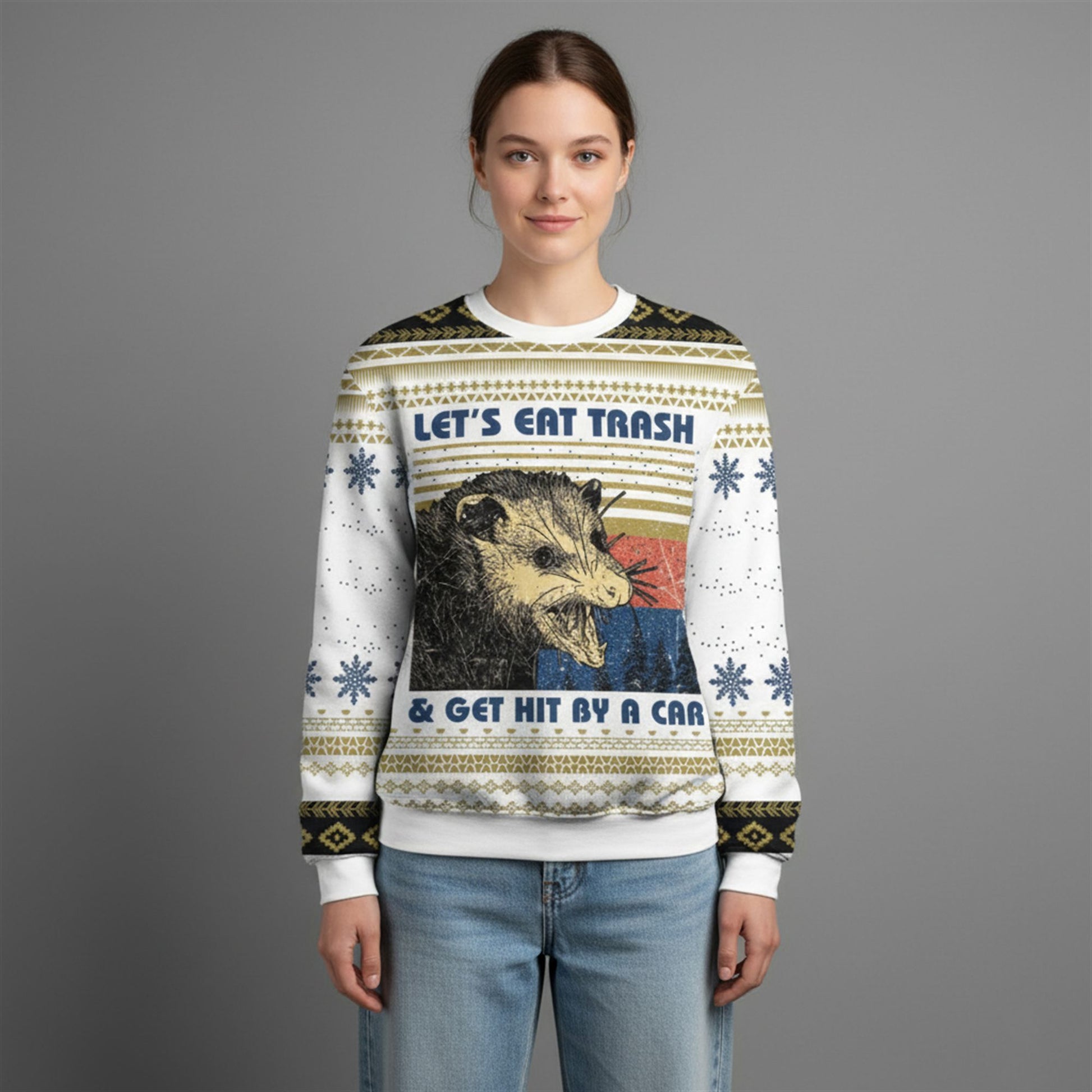 2026 Christmas Let's Eat Trash Get Hit By A Car Opossum Ugly Sweater - Moonbestprint