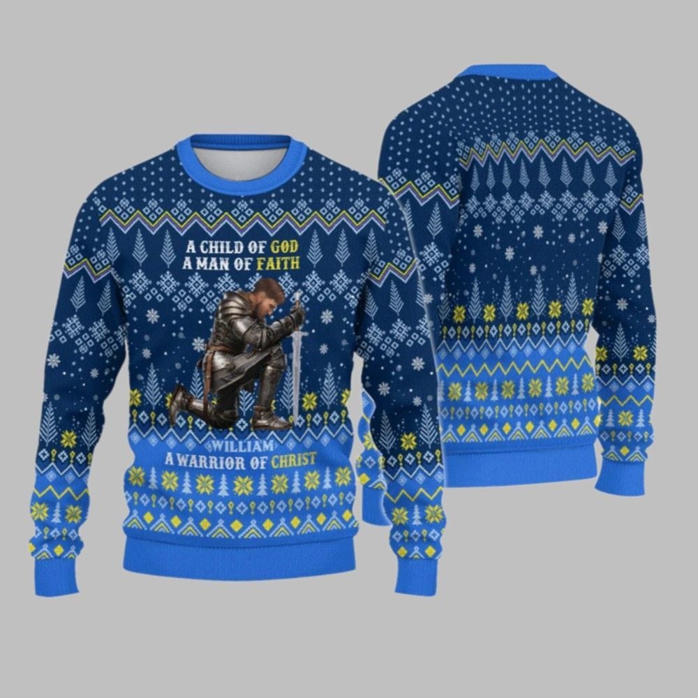 2026 Christmas Man Warrior Of God A Child Of God A Man Of Faith Christmas Ugly Sweatshirt - Moonbestprint