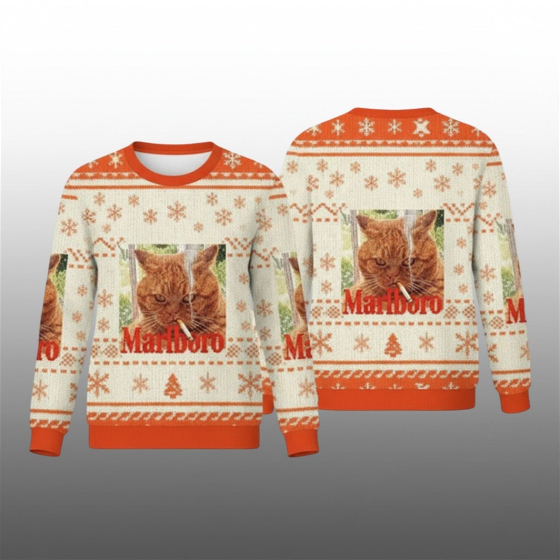 2026 Christmas Marlboro Smoking Cat Meme Ugly Sweater - Moonbestprint