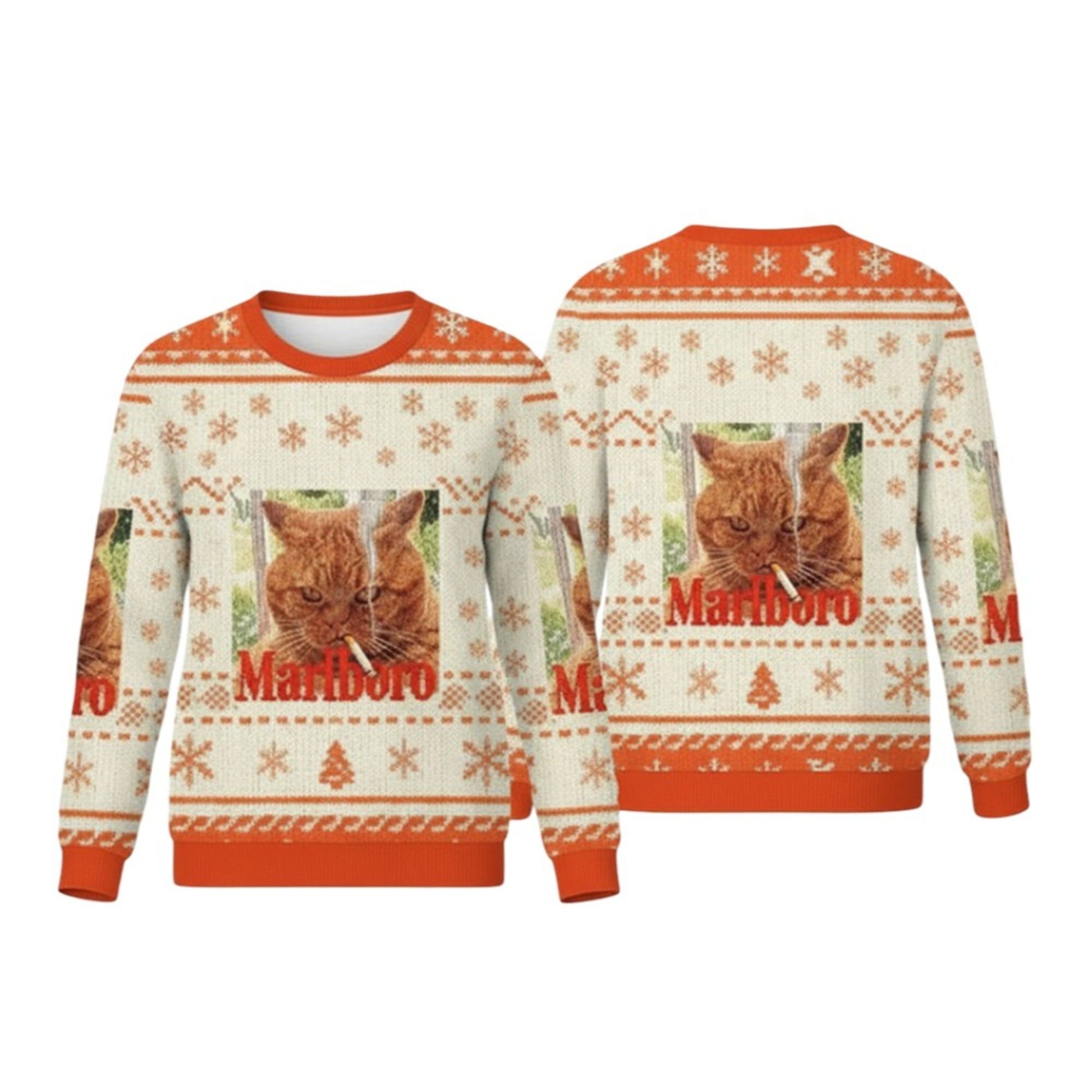 2026 Christmas Marlboro Smoking Cat Meme Ugly Sweater - Moonbestprint