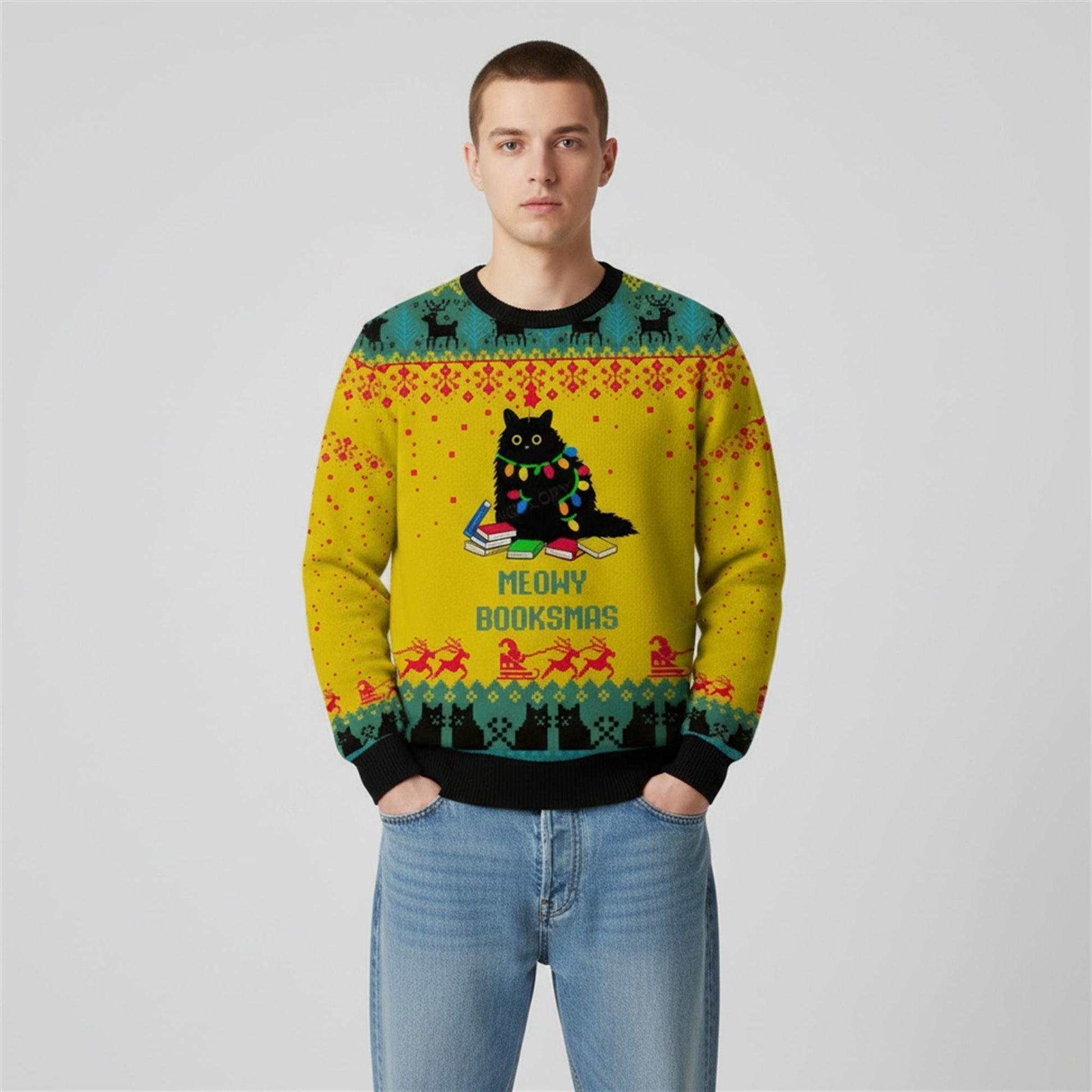 2026 Christmas Meowy Booksmas Ugly Sweater - Moonbestprint