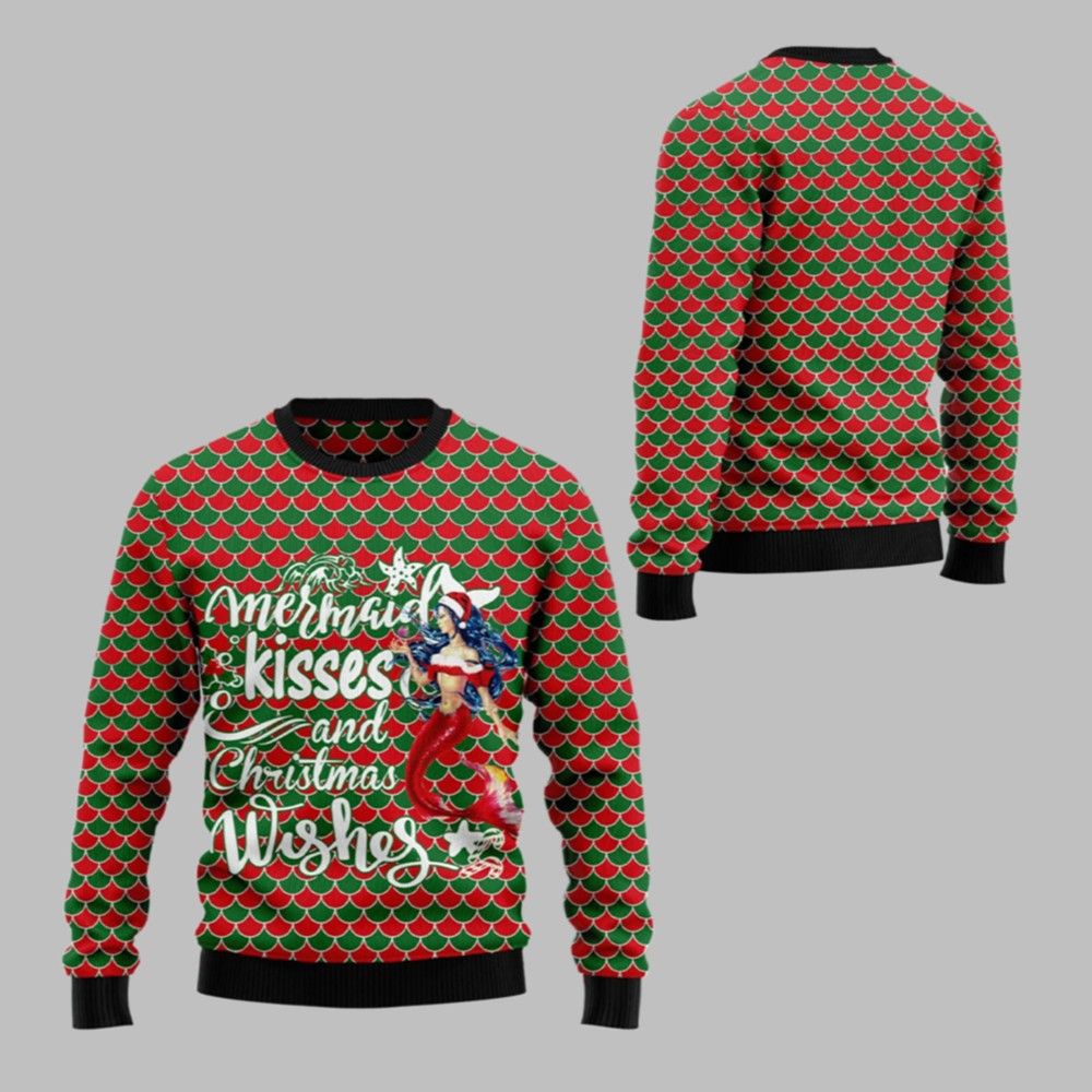2026 Christmas Mermaid Kisses And Christmas Wishes Ugly Christmas Sweater - Moonbestprint