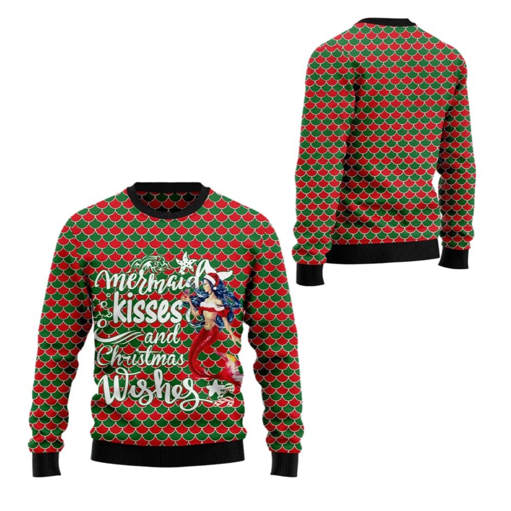 2026 Christmas Mermaid Kisses And Christmas Wishes Ugly Christmas Sweater - Moonbestprint
