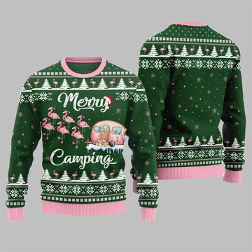 2026 Christmas Merry Camping Flamingo Ugly Sweater - Moonbestprint