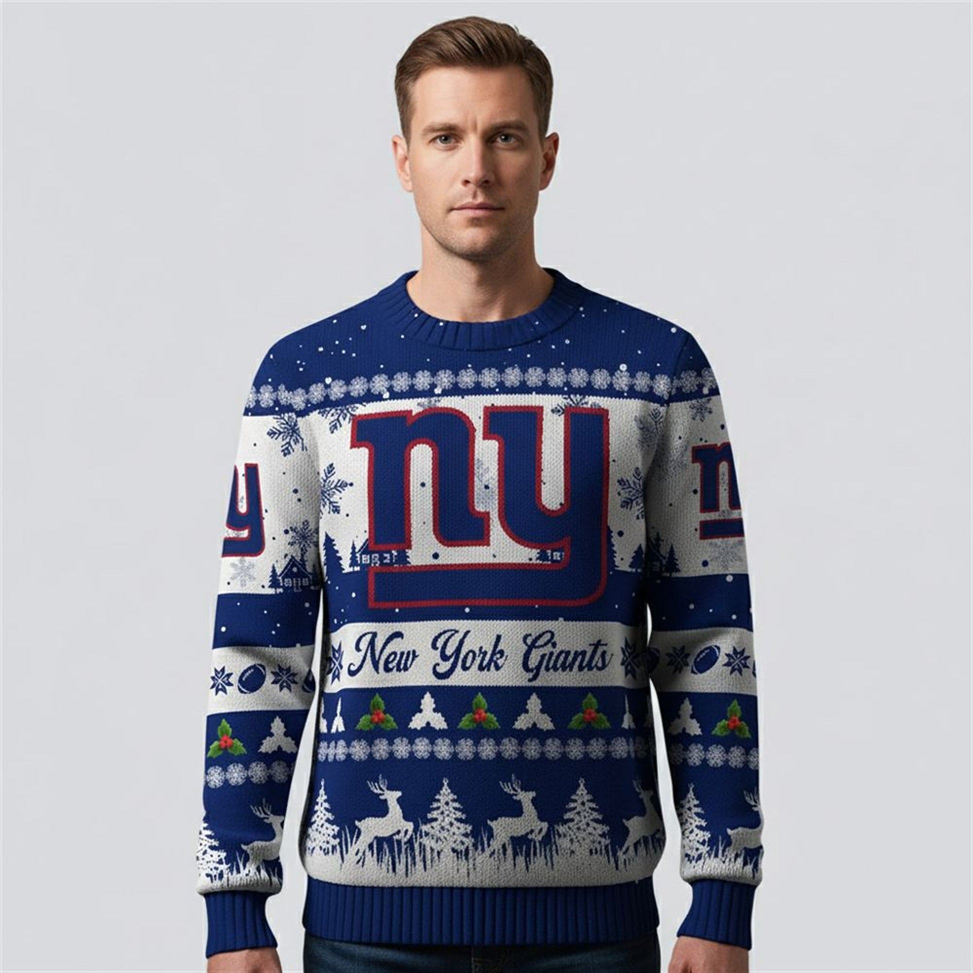 2026 Christmas NY Giants Festive Reindeer Tree Ugly Sweater - Moonbestprint