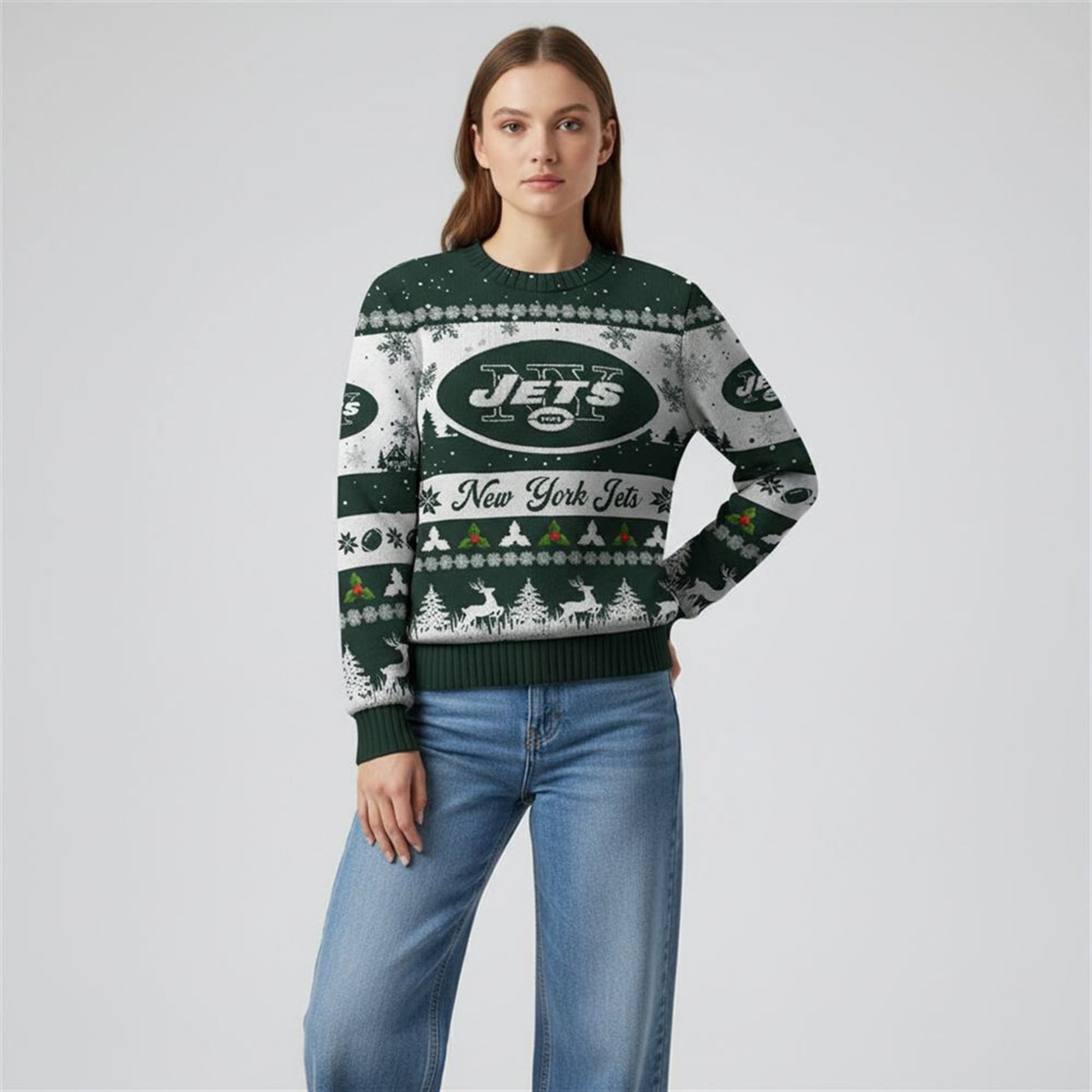 2026 Christmas NY Jets Festive Reindeer Tree Ugly Sweater - Moonbestprint