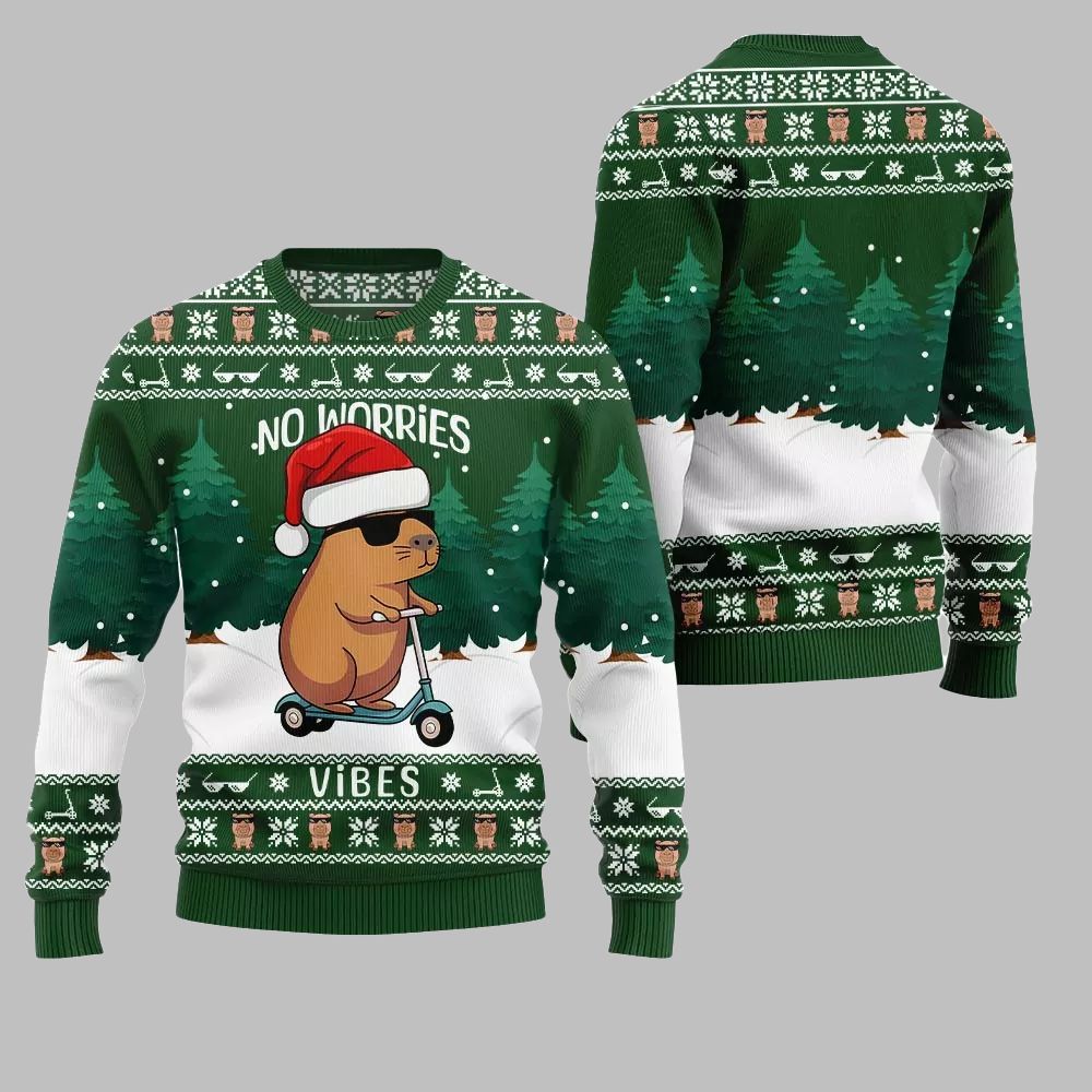 2026 Christmas No Worries Vibes Capybara Ugly Christmas Sweater - Moonbestprint