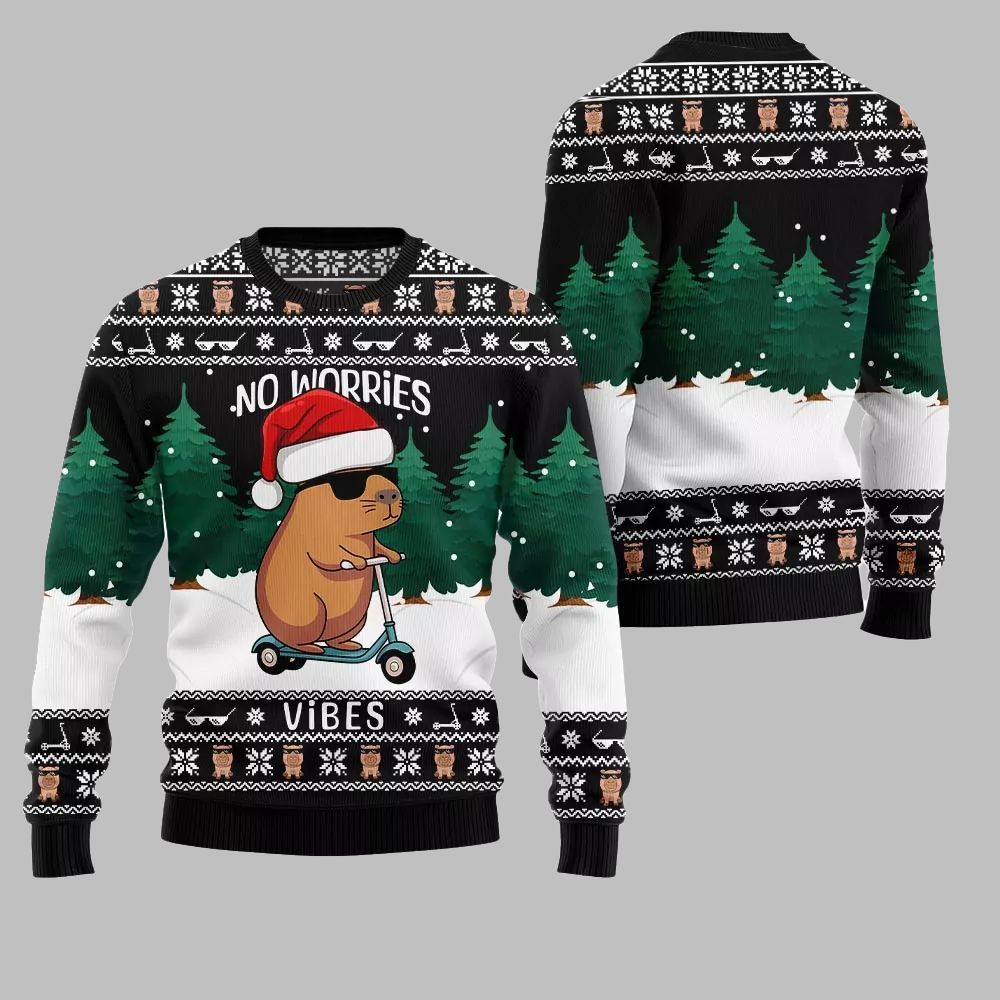 2026 Christmas No Worries Vibes Capybara Ugly Christmas Sweater - Moonbestprint