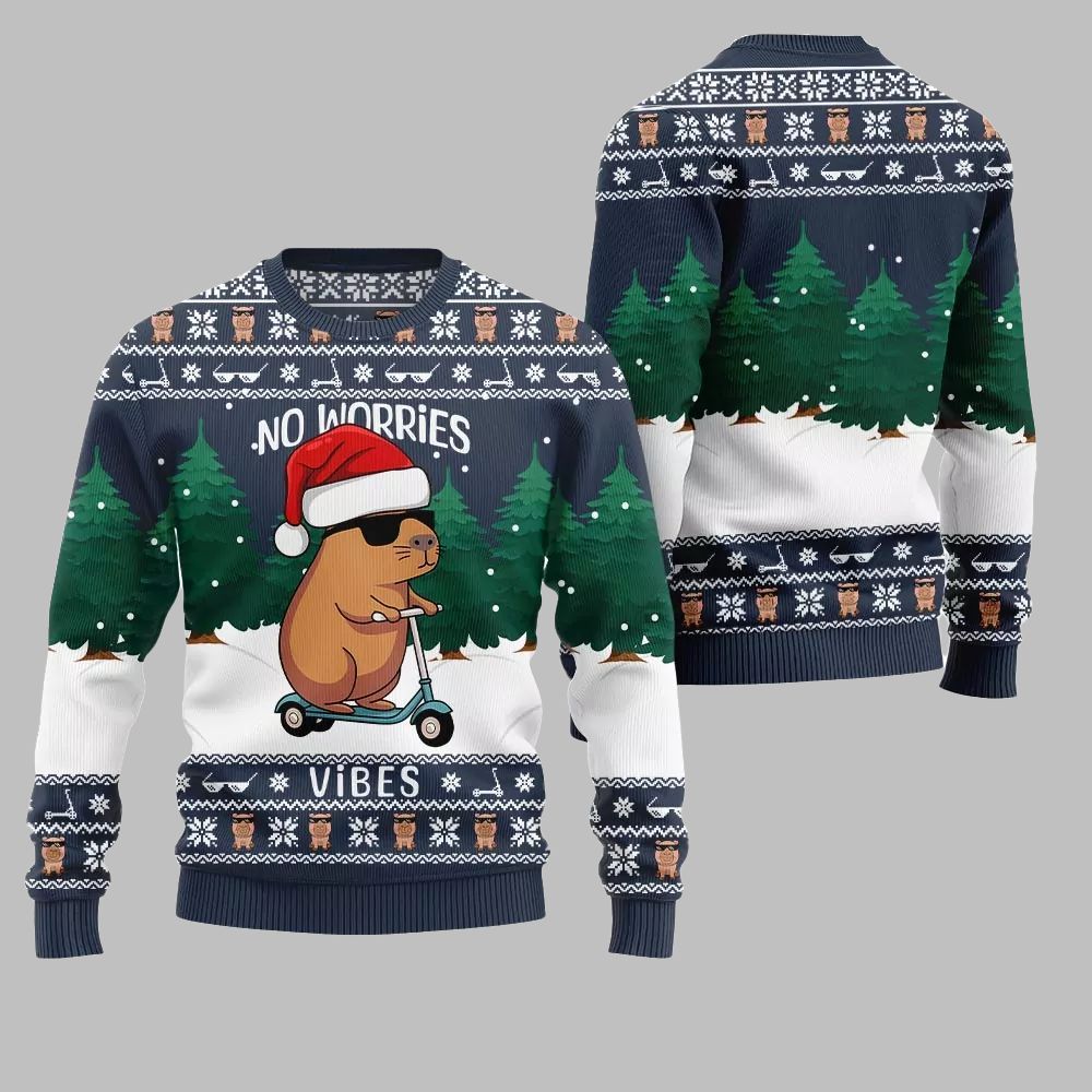 2026 Christmas No Worries Vibes Capybara Ugly Christmas Sweater - Moonbestprint