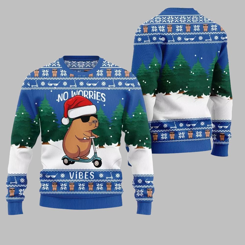 2026 Christmas No Worries Vibes Capybara Ugly Christmas Sweater - Moonbestprint