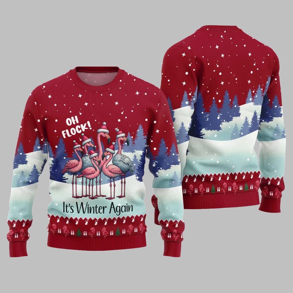2026 Christmas Oh Flock Flamingo Ugly Christmas Sweater - Moonbestprint