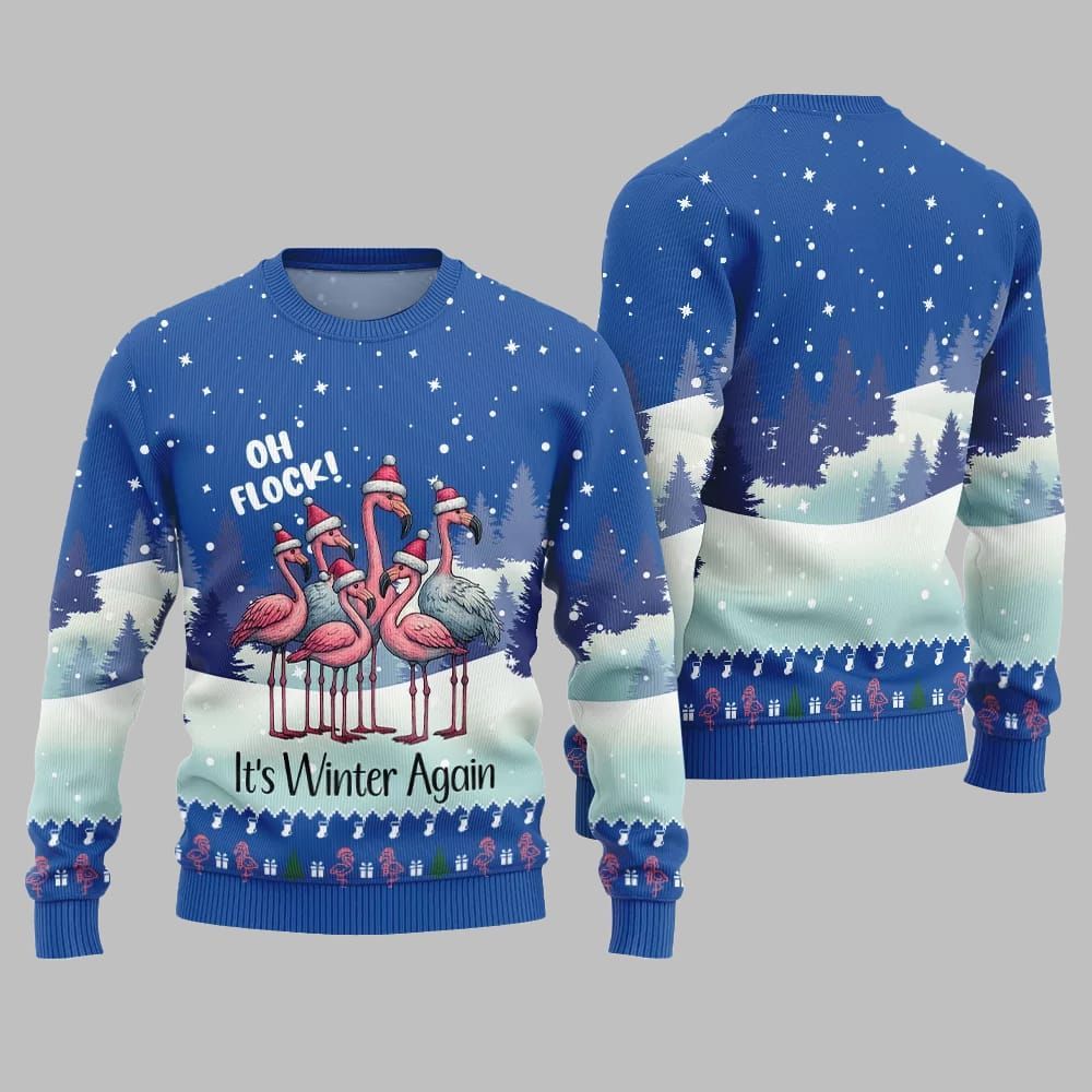 2026 Christmas Oh Flock Flamingo Ugly Christmas Sweater - Moonbestprint