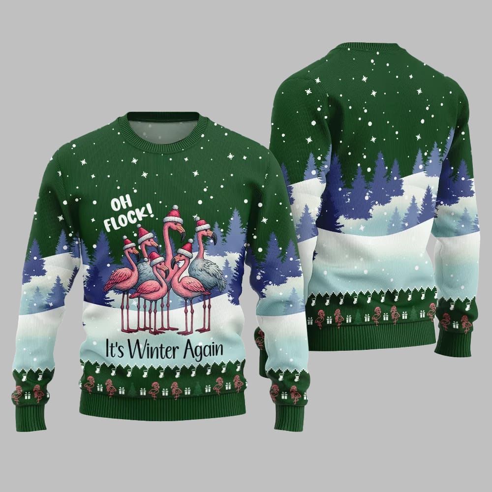 2026 Christmas Oh Flock Flamingo Ugly Christmas Sweater - Moonbestprint
