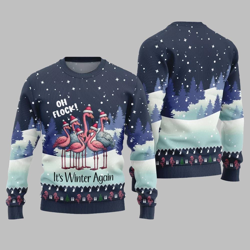 2026 Christmas Oh Flock Flamingo Ugly Christmas Sweater - Moonbestprint