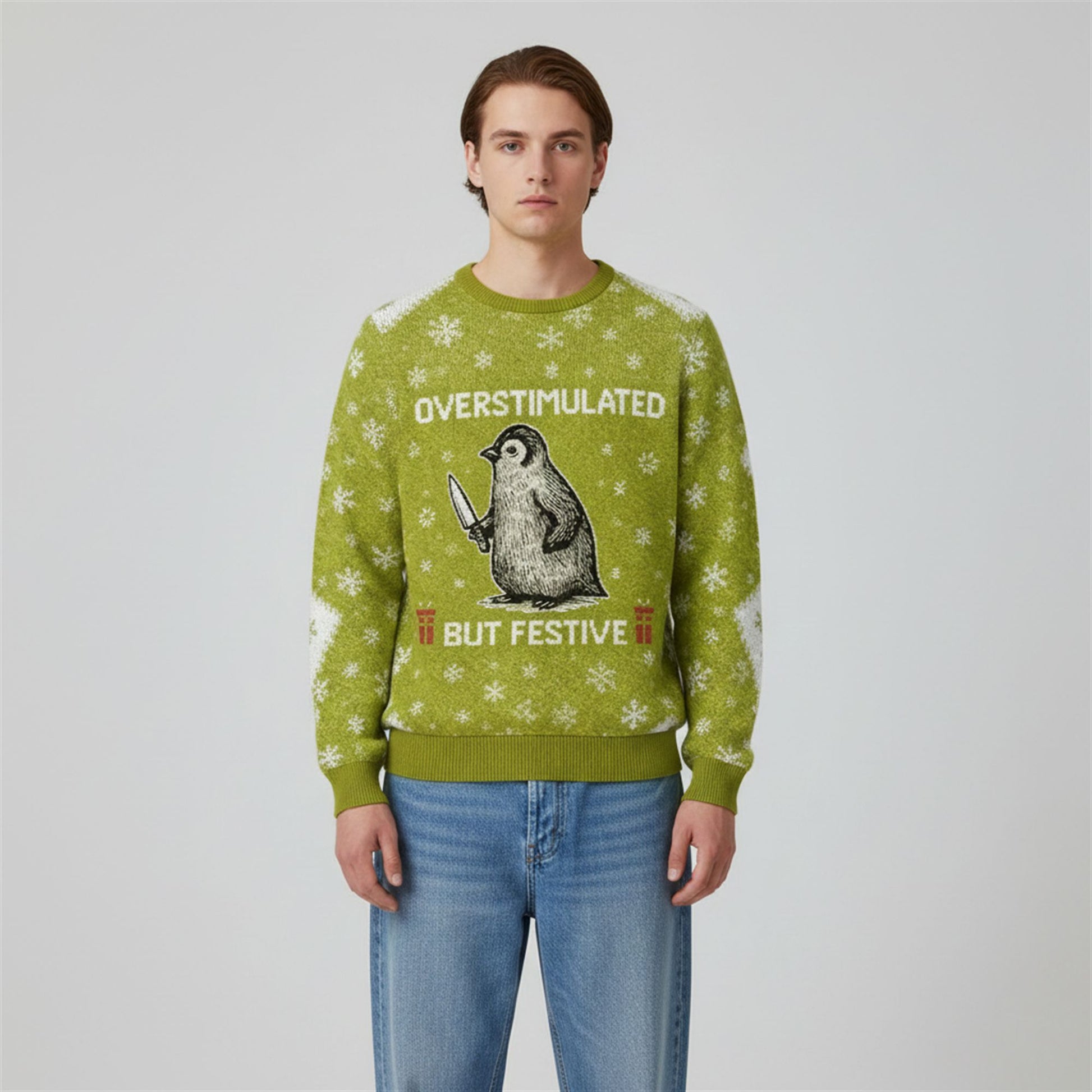 2026 Christmas Overstimulated But Festive Penguin Ugly Sweater - Moonbestprint