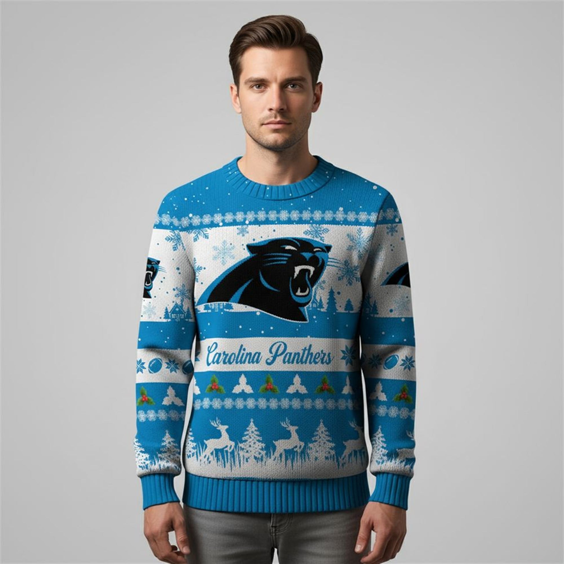 2026 Christmas Panthers Festive Reindeer Tree Ugly Sweater - Moonbestprint
