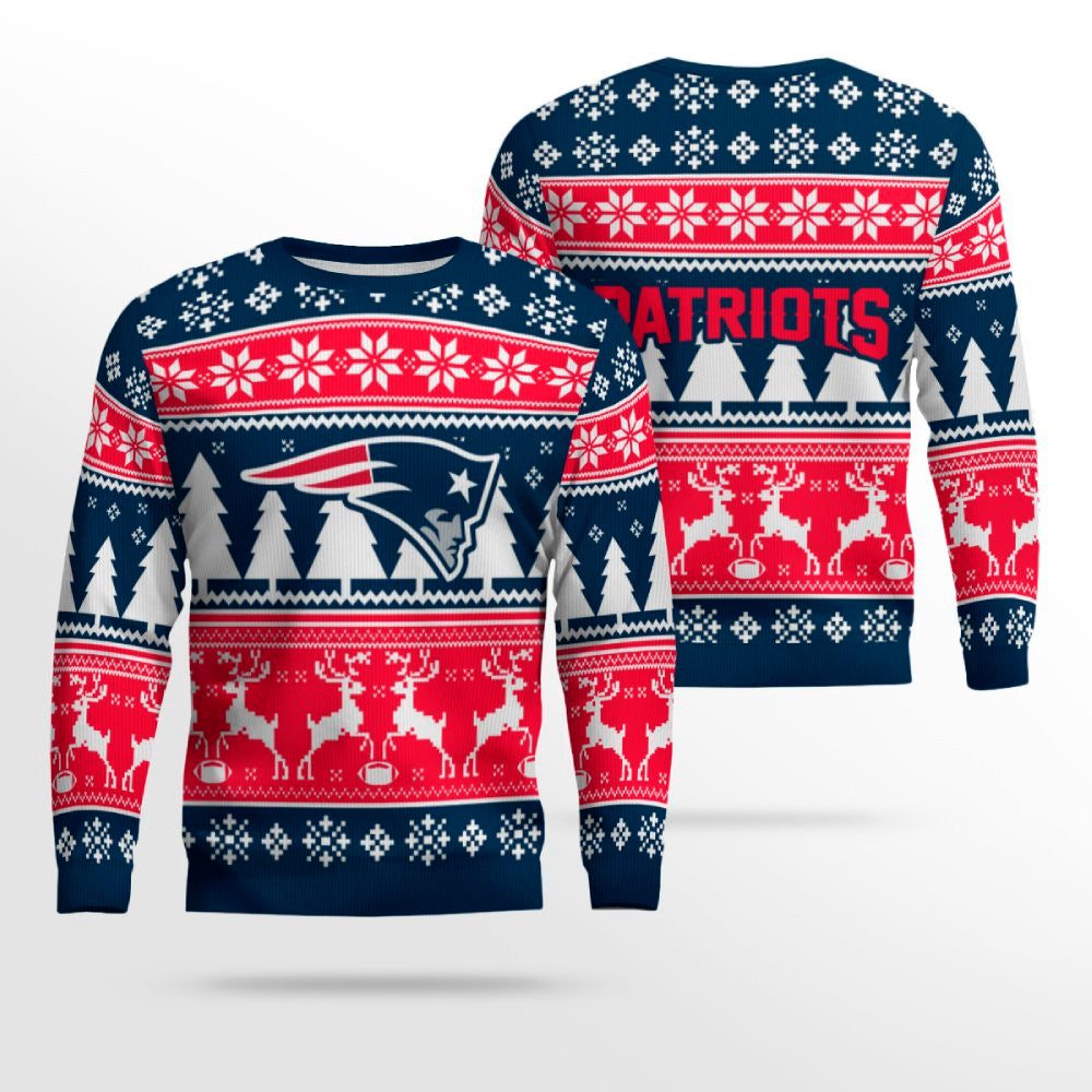 2025 Christmas Patriots Reindeer Football Ugly Sweater – Moonbestprint