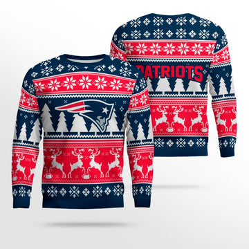 2025 Christmas Patriots Reindeer Football Ugly Sweater – Moonbestprint