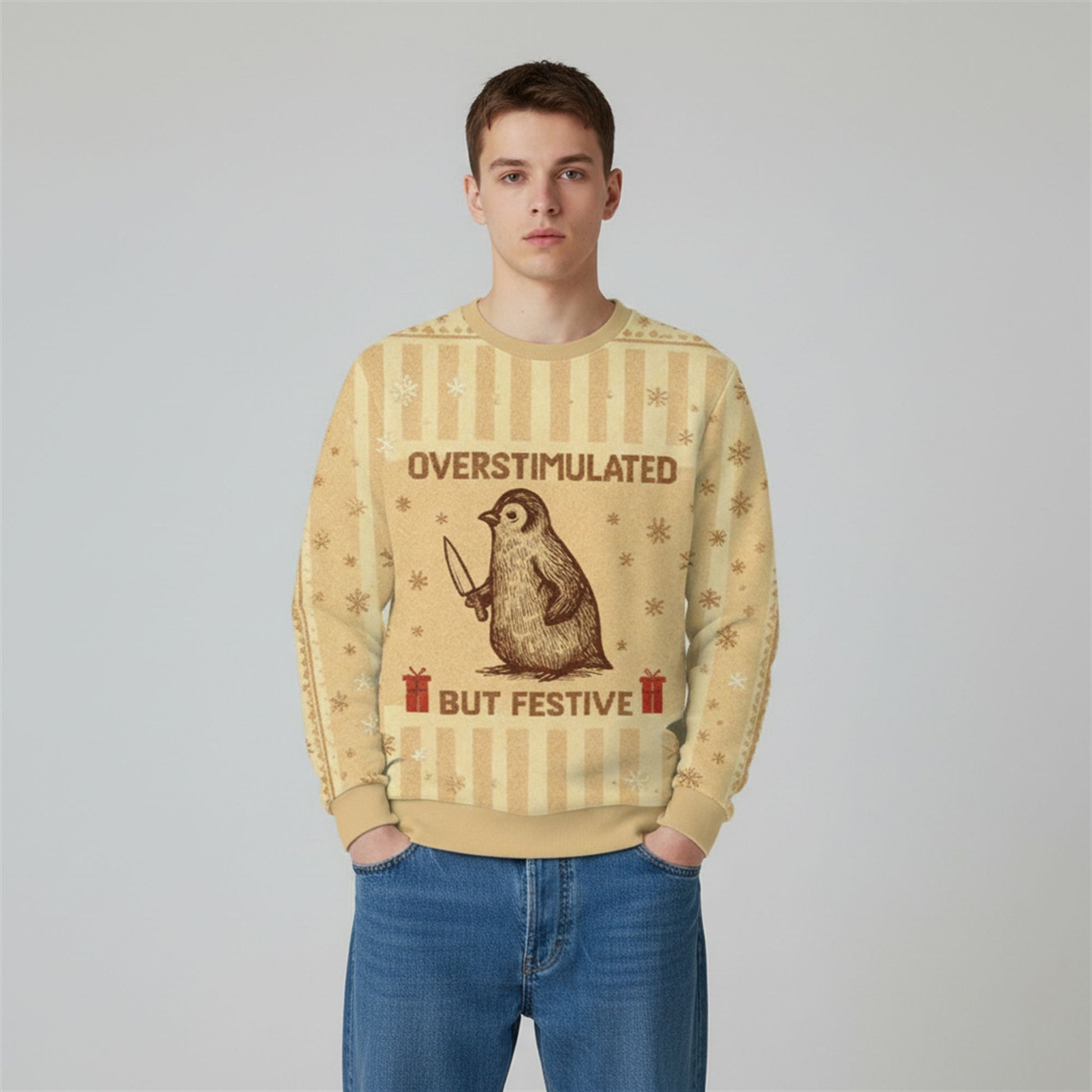 2026 Christmas Penguin Overstimulated But Festive Ugly Sweater - Moonbestprint