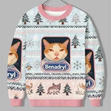 2026 Christmas Pink Benadryl Meme Cat Ugly Sweater - Moonbestprint