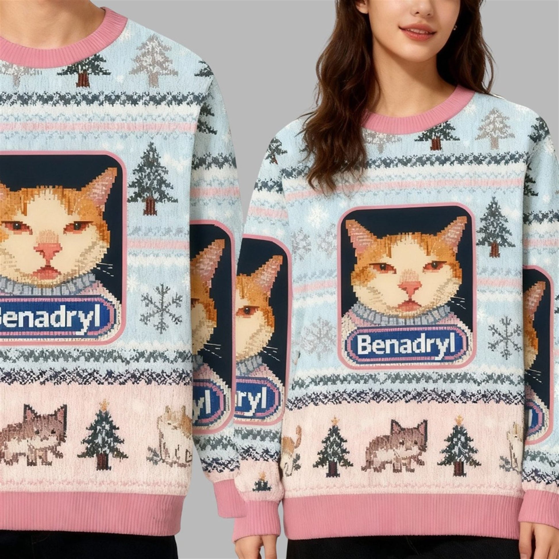 2026 Christmas Pink Benadryl Meme Cat Ugly Sweater - Moonbestprint