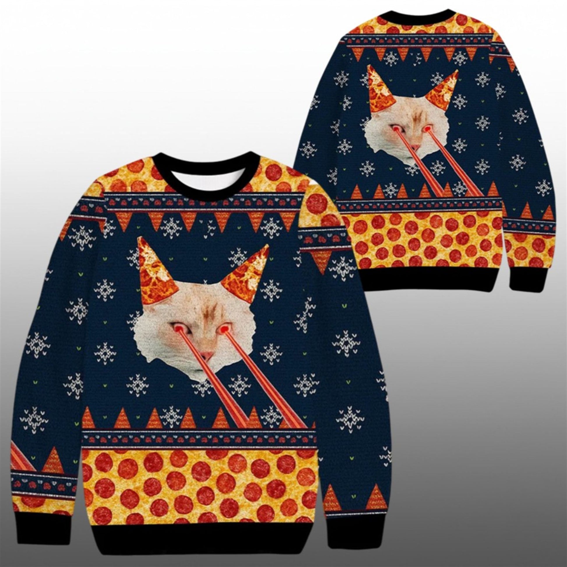 2026 Christmas Pizza Cat With Laser Eyes Ugly Sweater - Moonbestprint