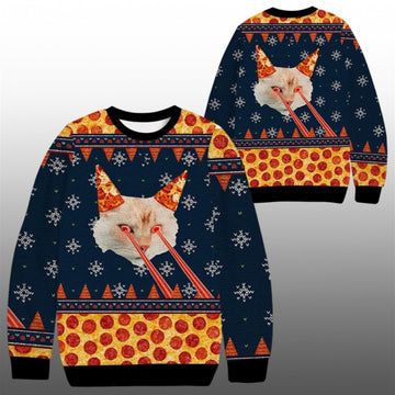 2026 Christmas Pizza Cat With Laser Eyes Ugly Sweater - Moonbestprint