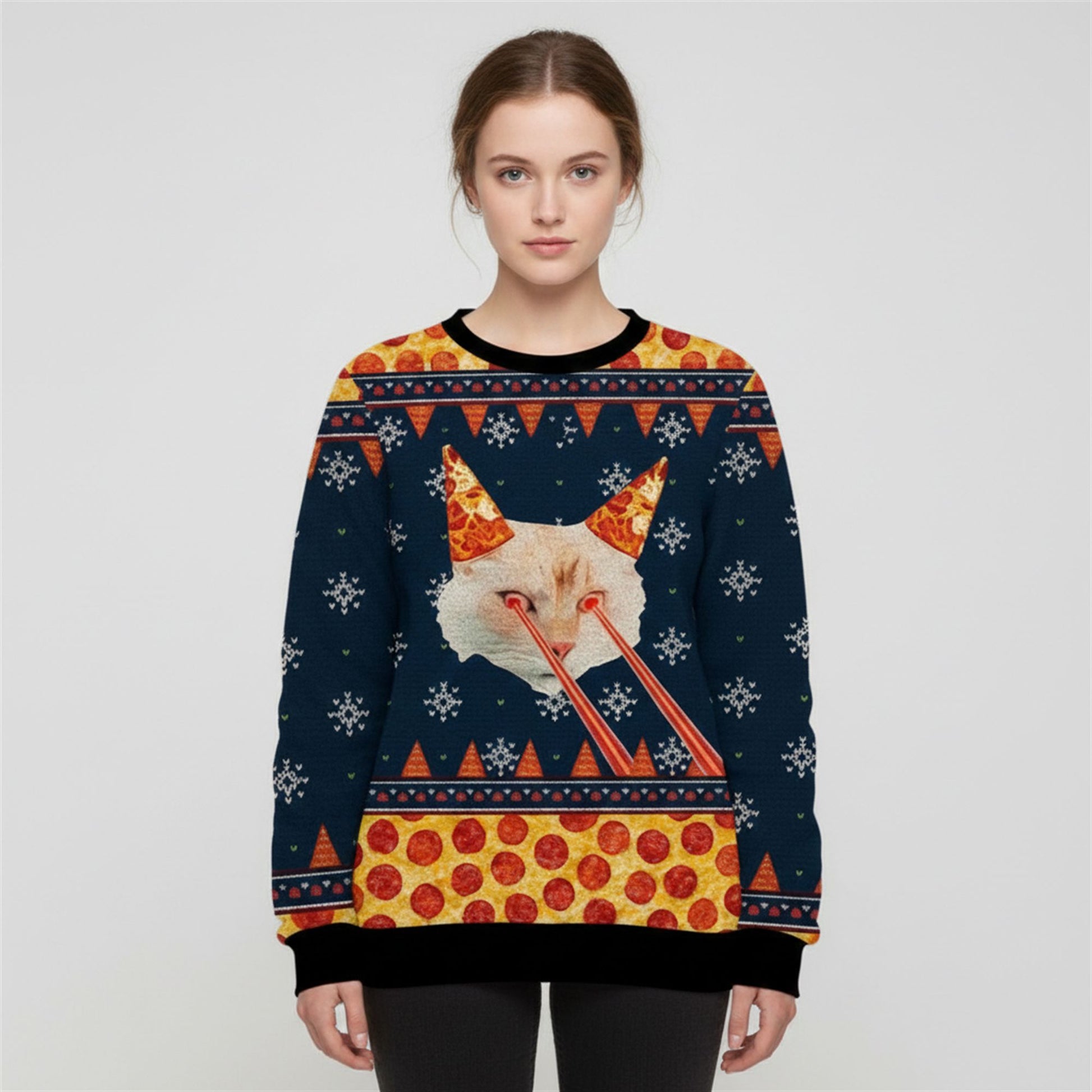 2026 Christmas Pizza Cat With Laser Eyes Ugly Sweater - Moonbestprint