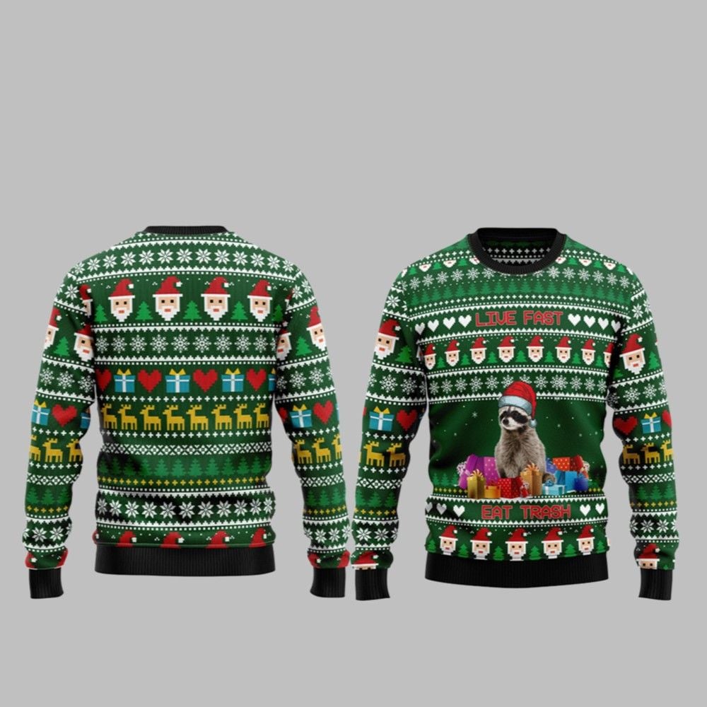 2026 Christmas Raccoon Live Fast Eat Trash Ugly Christmas Sweater - Moonbestprint