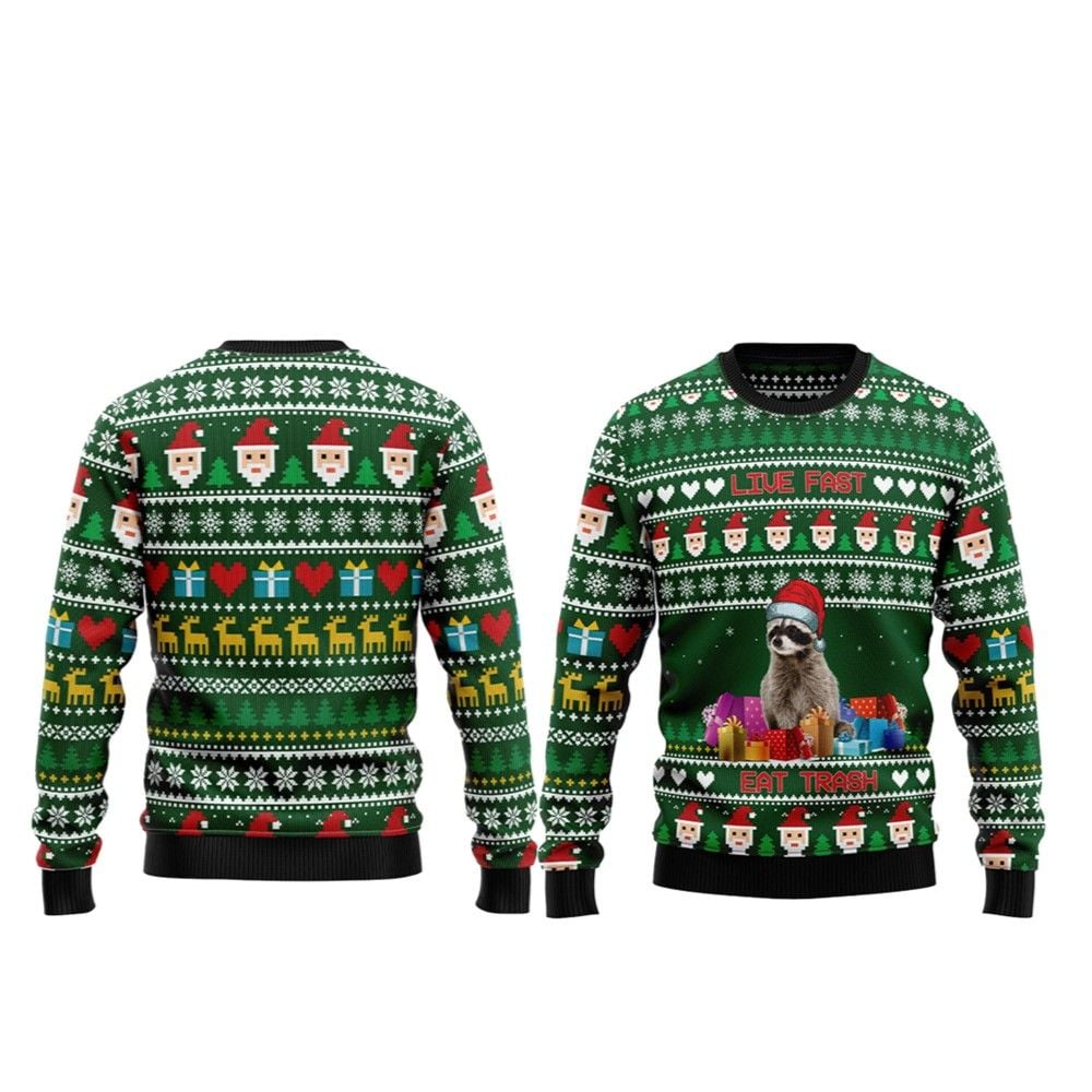 2026 Christmas Raccoon Live Fast Eat Trash Ugly Christmas Sweater - Moonbestprint