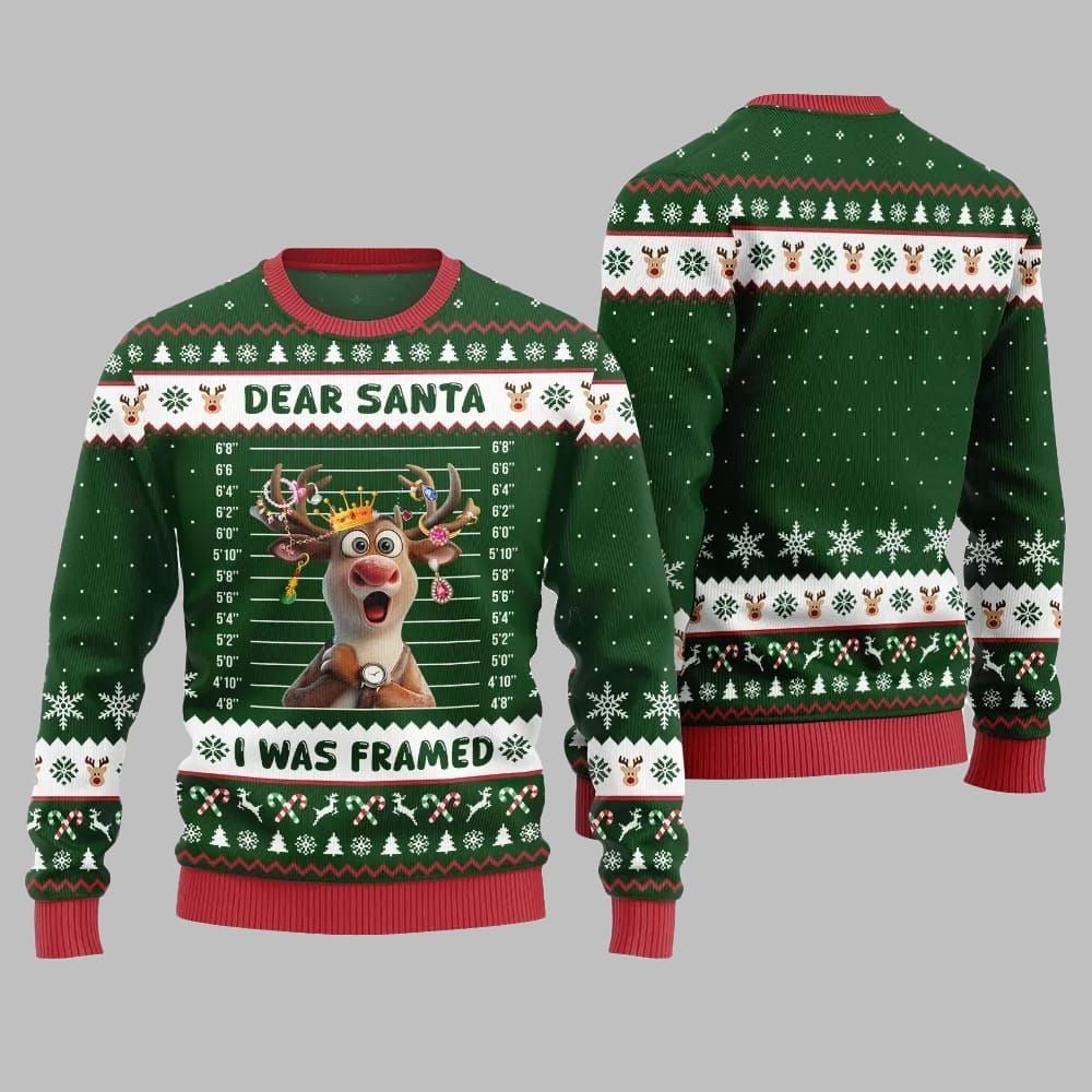 2026 Christmas Reindeer Dear Santa I Was Framed Ugly Christmas Sweater - Moonbestprint