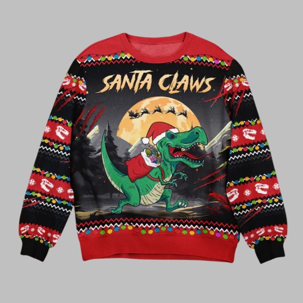 2026 Christmas Santa Claws T-Rex Christmas Dinosaur Ugly Sweater - Moonbestprint