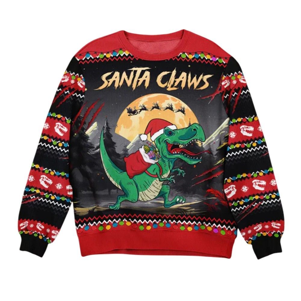 2026 Christmas Santa Claws T-Rex Christmas Dinosaur Ugly Sweater - Moonbestprint