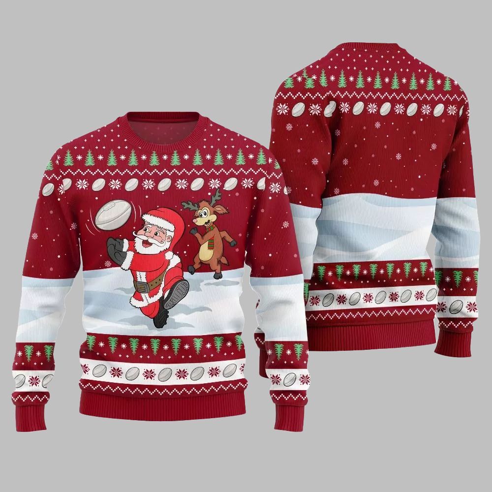 2026 Christmas Santa Playing Rugby Ugly Christmas Sweater - Moonbestprint