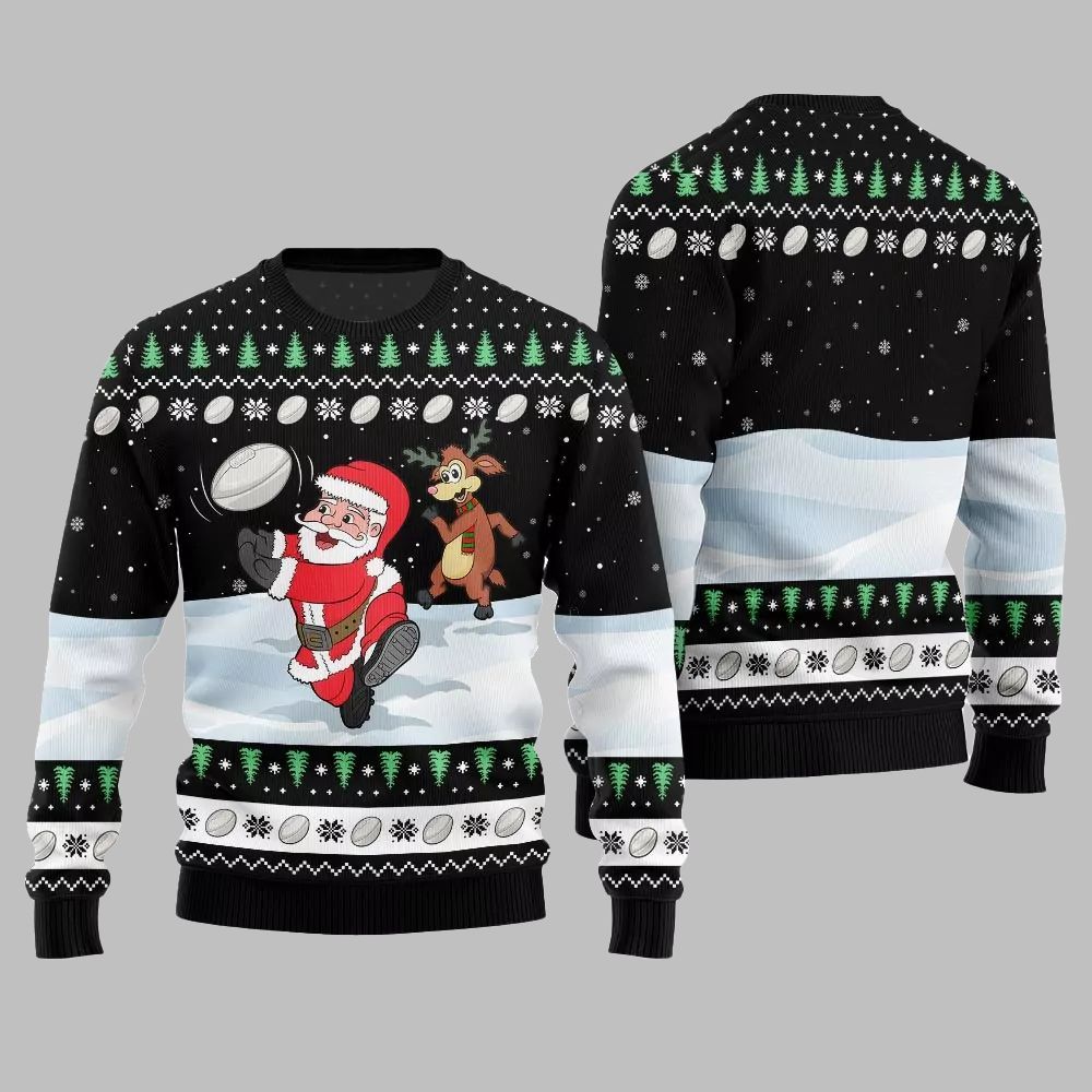 2026 Christmas Santa Playing Rugby Ugly Christmas Sweater - Moonbestprint