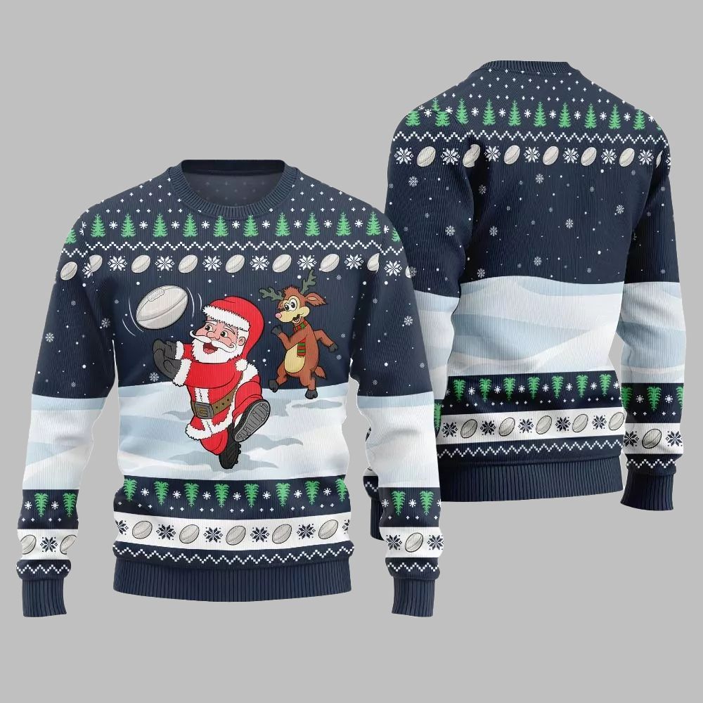 2026 Christmas Santa Playing Rugby Ugly Christmas Sweater - Moonbestprint