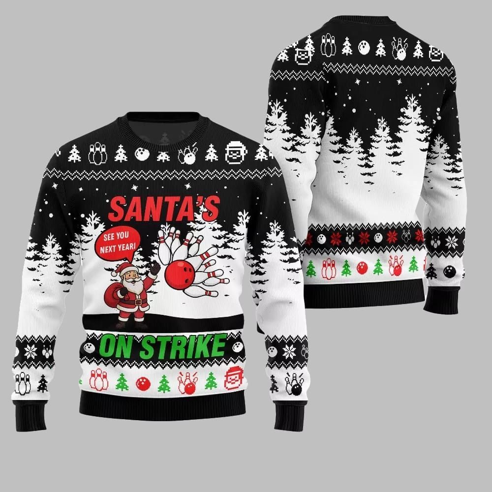 2026 Christmas Santas On Strike Bowling League Ugly Christmas Sweater - Moonbestprint