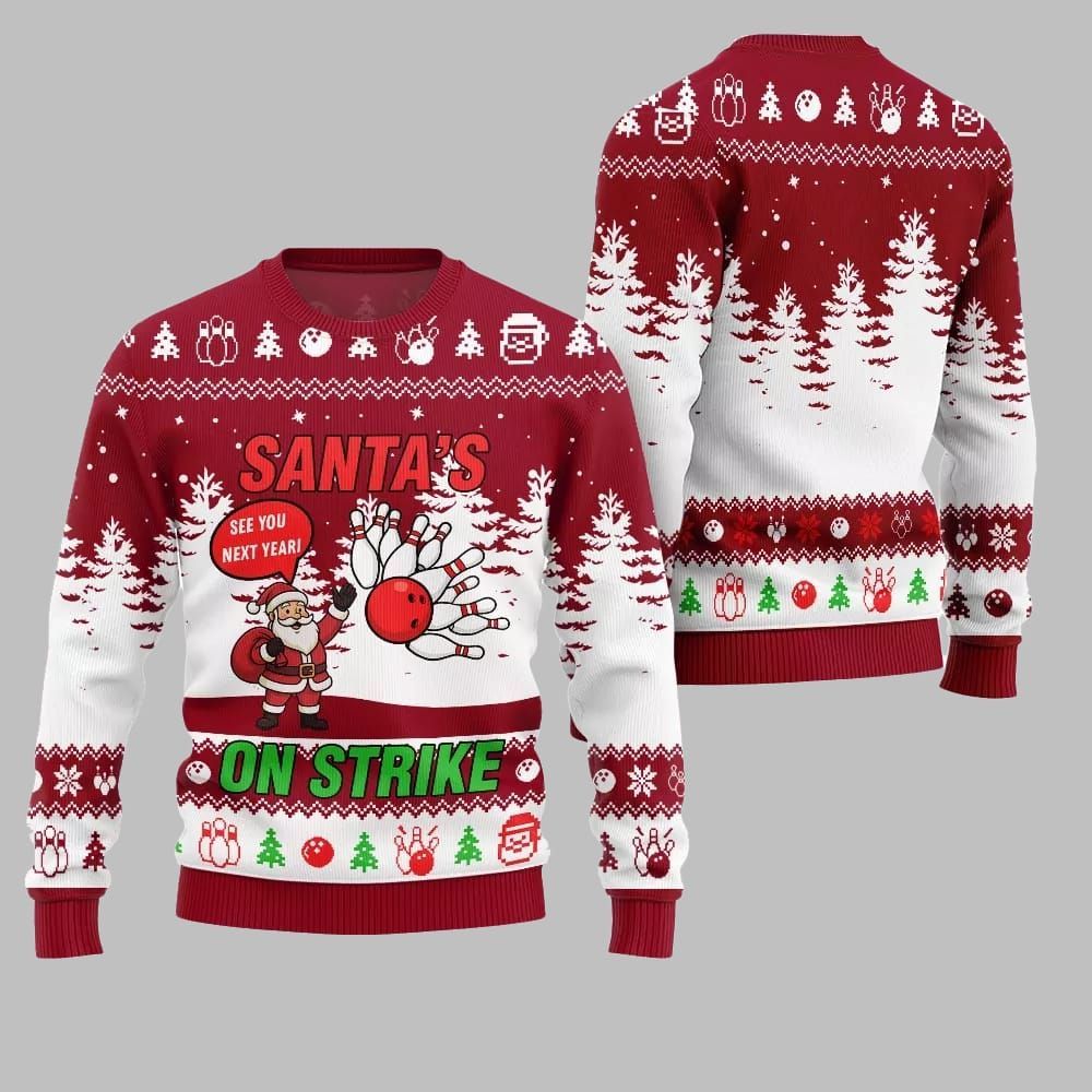 2026 Christmas Santas On Strike Bowling League Ugly Christmas Sweater - Moonbestprint