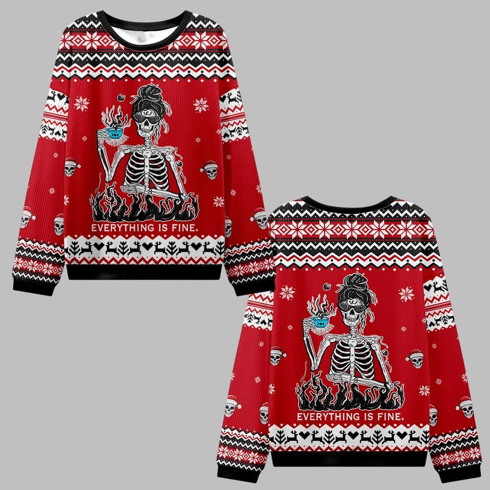 2026 Christmas Skull Everything Is Fine Ugly Christmas Sweater - Moonbestprint