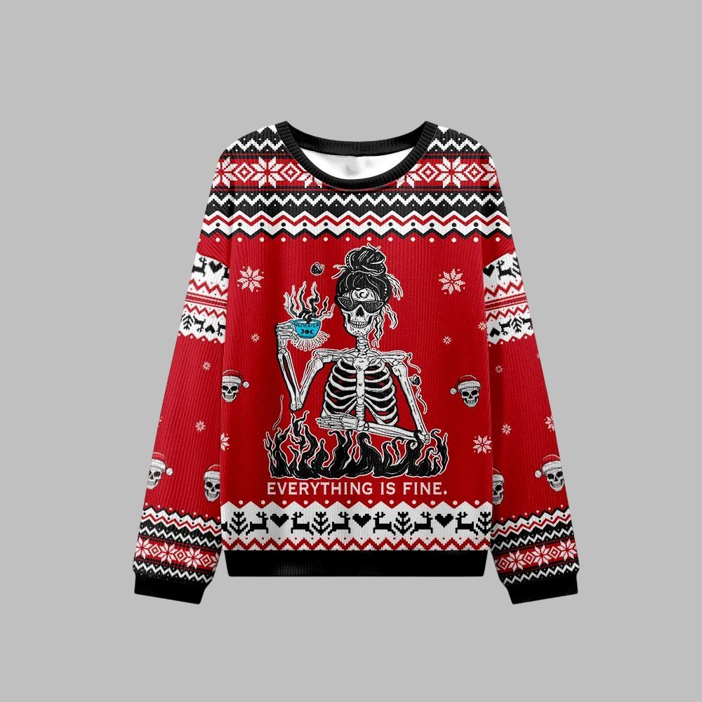 2026 Christmas Skull Everything Is Fine Ugly Christmas Sweater - Moonbestprint
