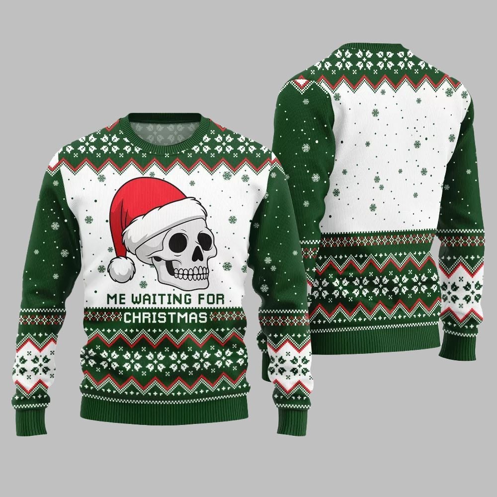 2026 Christmas Skull Me Waiting For Christmas Ugly Christmas Sweater - Moonbestprint
