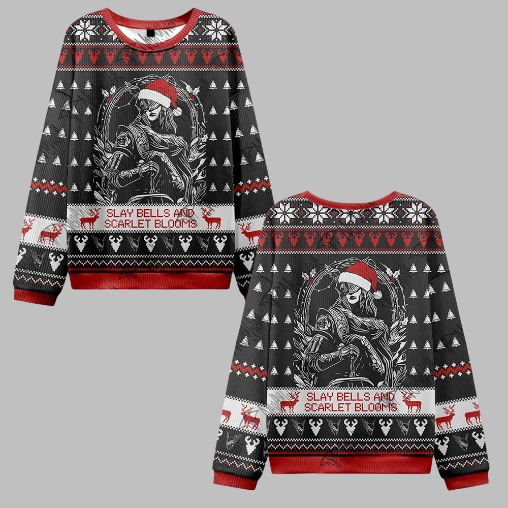 2026 Christmas Slay Bells and Scarlet Blooms Ugly Christmas Sweater - Moonbestprint