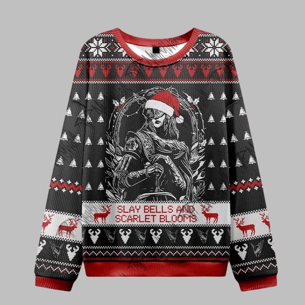 2026 Christmas Slay Bells and Scarlet Blooms Ugly Christmas Sweater - Moonbestprint
